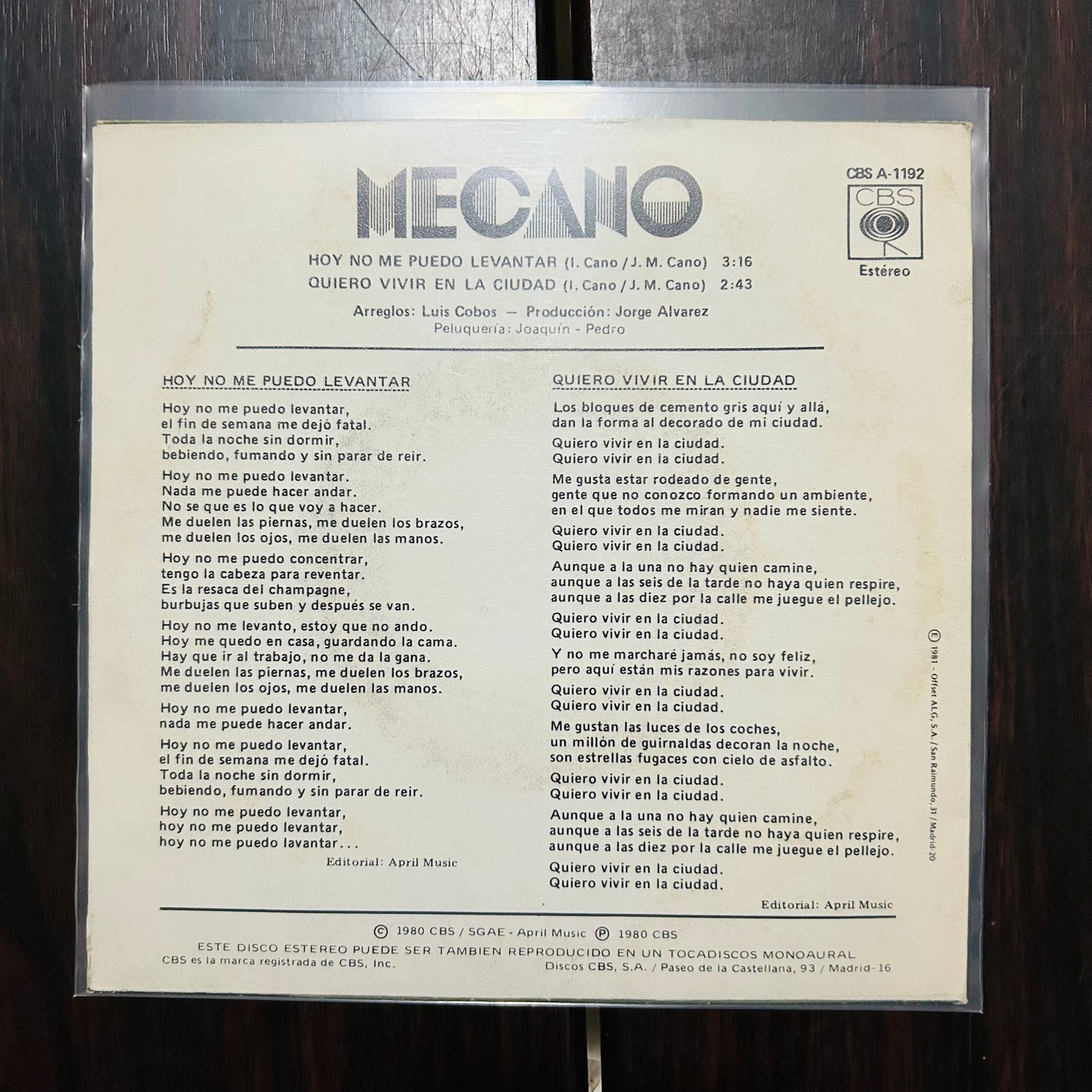 HOY NO ME PUEDO LEVANTAR (VINILO SINGLE 7”) (2DA MANO)